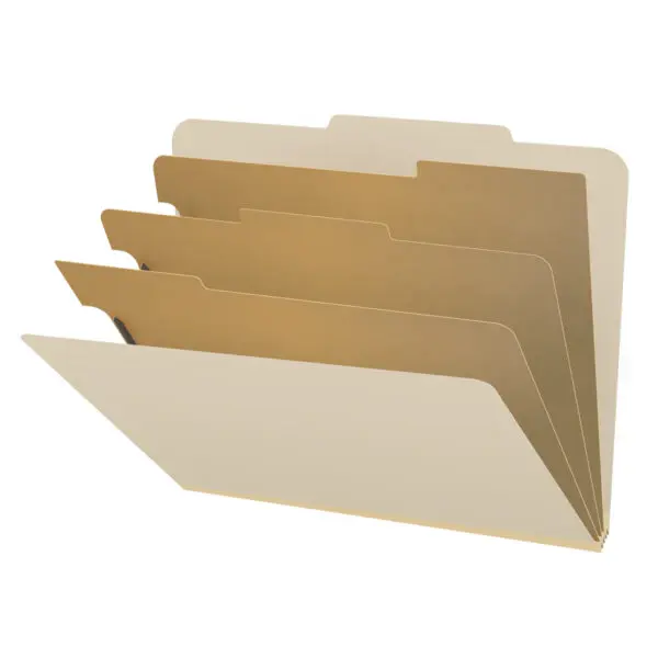 Manila Letter Size Top Tab Three Divider Classification Folder with 3" Gray Tyvek Expansion and 2" Bonded Fasteners on Inside Front and Back and 1" Duo Fastener on Dividers, 18 pt Manila Stock, Packaged 10/50