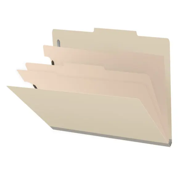 Manila Letter Size Top Tab Three Divider Classification Folder with 3" Gray Tyvek Expansion and 2" Bonded Fasteners on Inside Front and Back and 1" Duo Fastener on Dividers, 18 pt Manila Stock, Packaged 10/50
