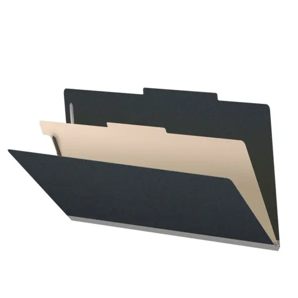 Black Legal Size Top Tab One Divider Classification Folder with 2" Gray Tyvek Expansion and 2" Bonded Fasteners on Inside Front and Back and 1" Duo Fastener on Divider, 25 pt Type 3 Pressboard Stock Covers and 18 pt Manila Divider, Packaged 10/50