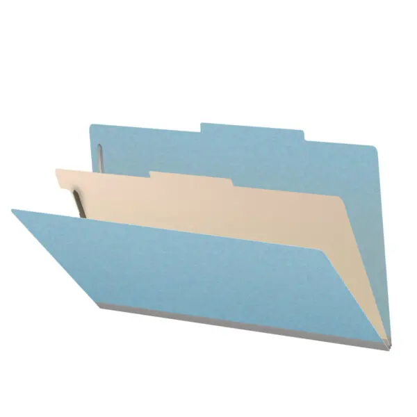 Blue Legal Size Top Tab One Divider Classification Folder with 2" Gray Tyvek Expansion and 2" Bonded Fasteners on Inside Front and Back and 1" Duo Fastener on Divider, 25 pt Type 3 Pressboard Stock Covers and 18 pt Manila Divider, Packaged 10/50