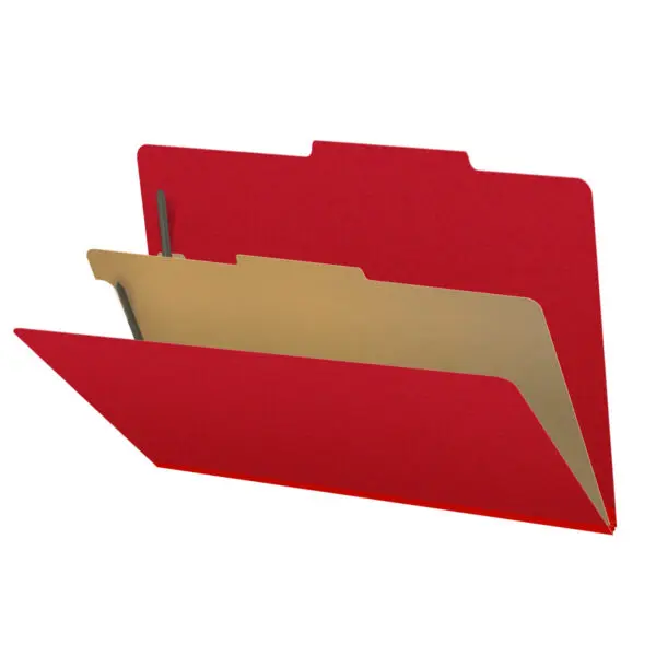 Deep Red Legal Size Top Tab One Divider Classification Folder with 2" Gray Tyvek Expansion and 2" Bonded Fasteners on Inside Front and Back and 1" Duo Fastener on Divider, 25 pt Type 3 Pressboard Stock Covers and 18 pt Manila Divider, Packaged 10/50