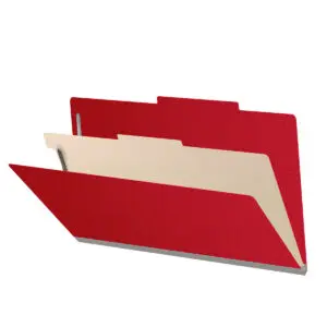 Deep Red Legal Size Top Tab One Divider Classification Folder with 2" Gray Tyvek Expansion and 2" Bonded Fasteners on Inside Front and Back and 1" Duo Fastener on Divider, 25 pt Type 3 Pressboard Stock Covers and 18 pt Manila Divider, Packaged 10/50