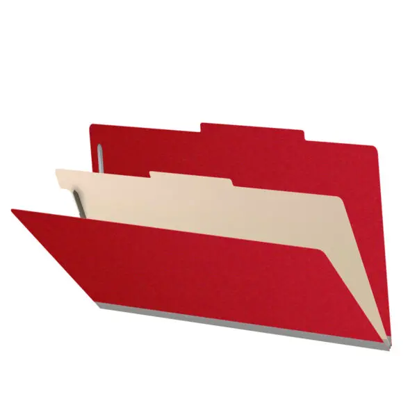 Deep Red Legal Size Top Tab One Divider Classification Folder with 2" Gray Tyvek Expansion and 2" Bonded Fasteners on Inside Front and Back and 1" Duo Fastener on Divider, 25 pt Type 3 Pressboard Stock Covers and 18 pt Manila Divider, Packaged 10/50