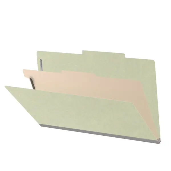Green Legal Size Top Tab One Divider Classification Folder with 2" Pearl Green Tyvek Expansion and 2" Bonded Fasteners on Inside Front and Back and 1" Duo Fastener on Divider, 25 pt Type 3 Pressboard Stock Covers and 18 pt Manila Divider, Packaged 10/50