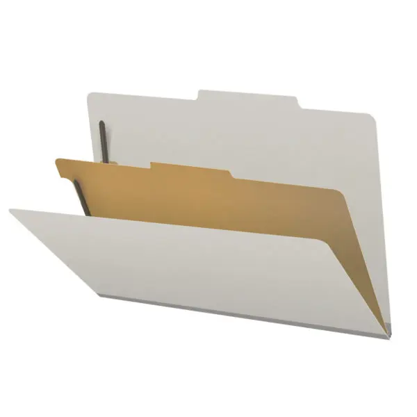 Grey Legal Size Top Tab One Divider Classification Folder with 2" Gray Tyvek Expansion and 2" Bonded Fasteners on Inside Front and Back and 1" Duo Fastener on Divider, 25 pt Type 3 Pressboard Stock Covers and 18 pt Manila Divider, Packaged 10/50
