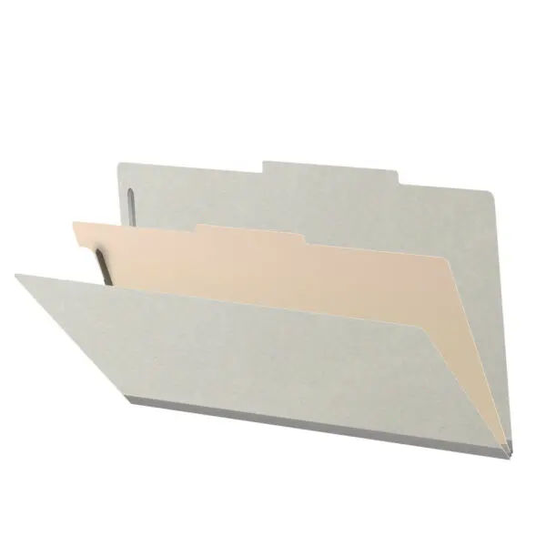 Grey Legal Size Top Tab One Divider Classification Folder with 2" Gray Tyvek Expansion and 2" Bonded Fasteners on Inside Front and Back and 1" Duo Fastener on Divider, 25 pt Type 3 Pressboard Stock Covers and 18 pt Manila Divider, Packaged 10/50