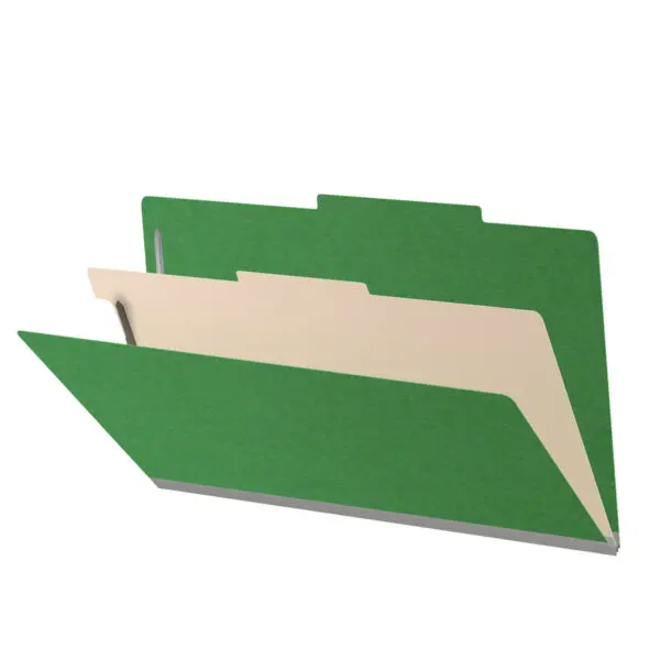 Moss Green Legal Size Top Tab One Divider Classification Folder with 2" Spring Green Tyvek Expansion and 2" Bonded Fasteners on Inside Front and Back and 1" Duo Fastener on Divider, 25 pt Type 3 Pressboard Stock Covers and 18 pt Manila Divider, Packaged 10/50
