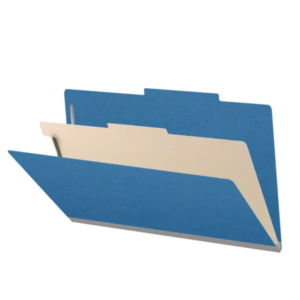 Royal Blue Legal Size Top Tab One Divider Classification Folder with 2" Dark Blue Tyvek Expansion and 2" Bonded Fasteners on Inside Front and Back and 1" Duo Fastener on Divider, 25 pt Type 3 Pressboard Stock Covers and 18 pt Manila Divider, Packaged 10/50