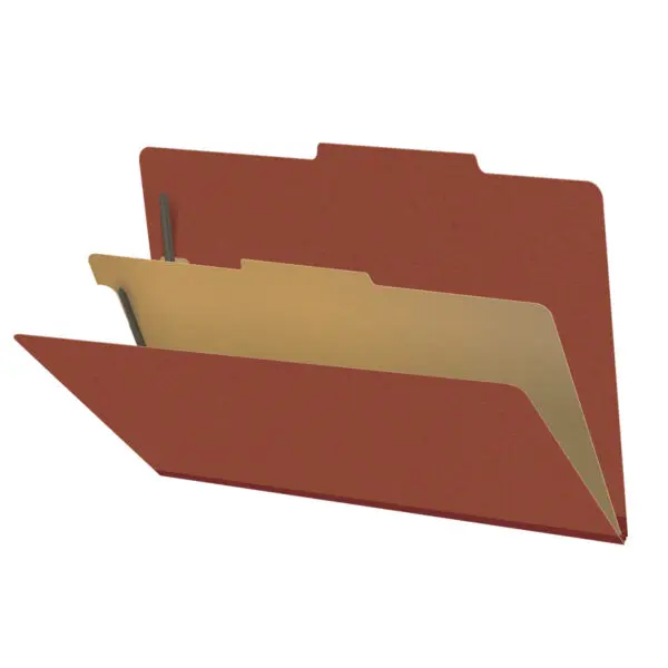 Red Legal Size Top Tab One Divider Classification Folder with 2" Russet Brown Tyvek Expansion and 2" Bonded Fasteners on Inside Front and Back and 1" Duo Fastener on Divider, 25 pt Type 3 Pressboard Stock Covers and 18 pt Manila Divider, Packaged 10/50