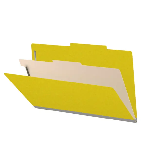 Yellow Legal Size Top Tab One Divider Classification Folder with 2" Lemon Yellow Tyvek Expansion and 2" Bonded Fasteners on Inside Front and Back and 1" Duo Fastener on Divider, 25 pt Type 3 Pressboard Stock Covers and 18 pt Manila Divider, Packaged 10/50