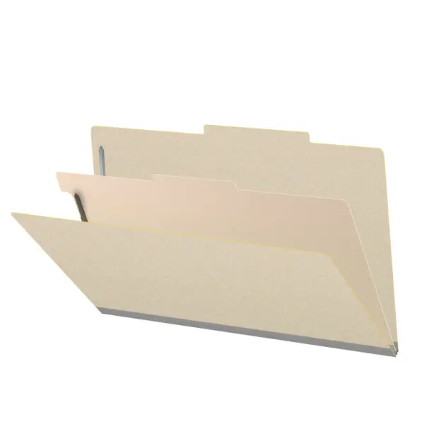 Manila Legal Size Top Tab One Divider Classification Folder with 2" Gray Tyvek Expansion and 2" Bonded Fasteners on Inside Front and Back and 1" Duo Fastener on Divider, 18 pt Manila Stock, Packaged 10/50