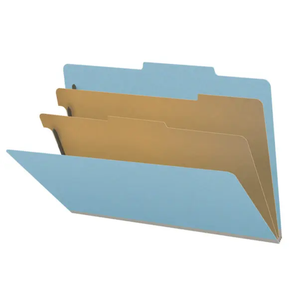 Blue Legal Size Top Tab Two Divider Classification Folder with 2" Gray Tyvek Expansion and 2" Bonded Fasteners on Inside Front and Back and 1" Duo Fastener on Dividers, 25 pt Type 3 Pressboard Stock Covers and 18 pt Manila Dividers, Packaged 10/50