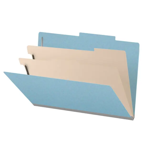 Blue Legal Size Top Tab Two Divider Classification Folder with 2" Gray Tyvek Expansion and 2" Bonded Fasteners on Inside Front and Back and 1" Duo Fastener on Dividers, 25 pt Type 3 Pressboard Stock Covers and 18 pt Manila Dividers, Packaged 10/50