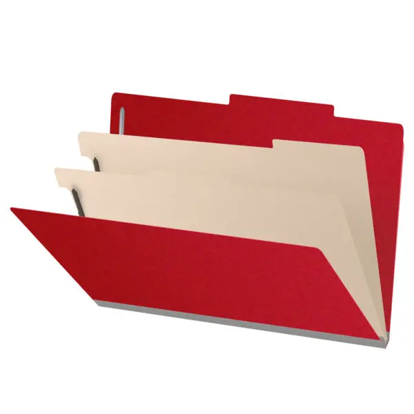 Deep Red Legal Size Top Tab Two Divider Classification Folder with 2" Gray Tyvek Expansion and 2" Bonded Fasteners on Inside Front and Back and 1" Duo Fastener on Dividers, 25 pt Type 3 Pressboard Stock Covers and 18 pt Manila Dividers, Packaged 10/50