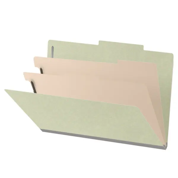 Green Legal Size Top Tab Two Divider Classification Folder with 2" Pearl Green Tyvek Expansion and 2" Bonded Fasteners on Inside Front and Back and 1" Duo Fastener on Dividers, 25 pt Type 3 Pressboard Stock Covers and 18 pt Manila Dividers, Packaged 10/50