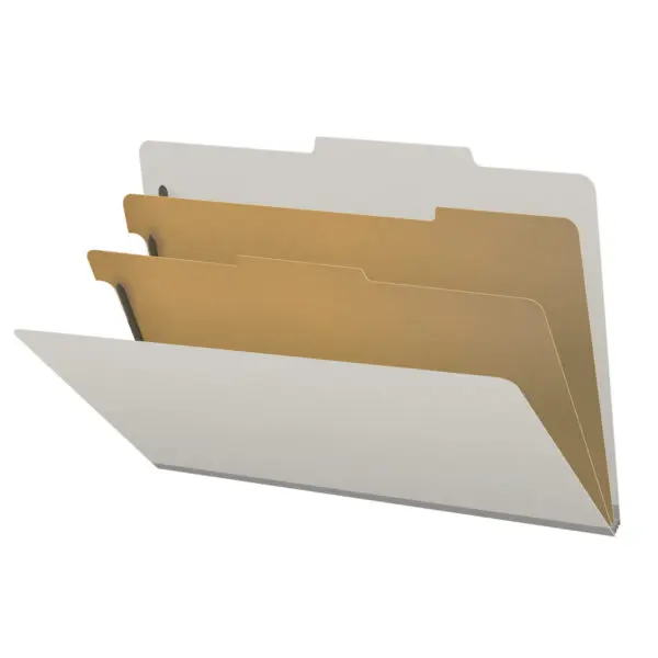 Grey Legal Size Top Tab Two Divider Classification Folder with 2" Gray Tyvek Expansion and 2" Bonded Fasteners on Inside Front and Back and 1" Duo Fastener on Dividers, 25 pt Type 3 Pressboard Stock Covers and 18 pt Manila Dividers, Packaged 10/50