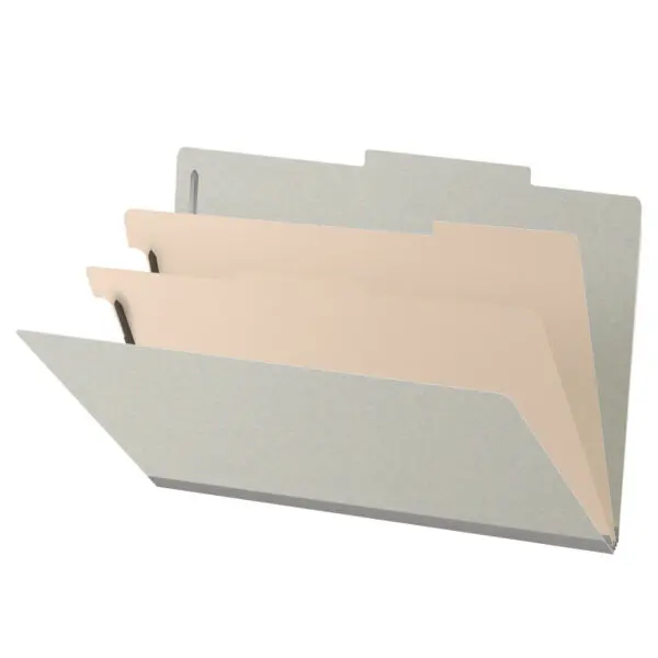 Grey Legal Size Top Tab Two Divider Classification Folder with 2" Gray Tyvek Expansion and 2" Bonded Fasteners on Inside Front and Back and 1" Duo Fastener on Dividers, 25 pt Type 3 Pressboard Stock Covers and 18 pt Manila Dividers, Packaged 10/50