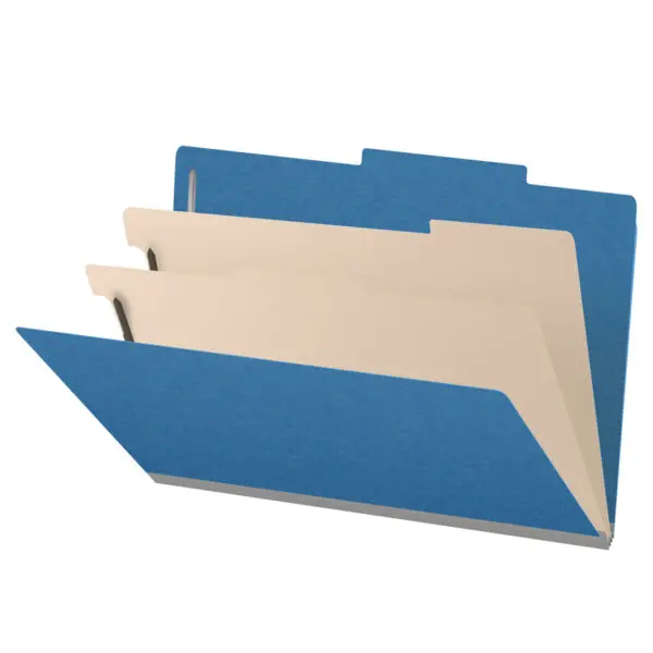 Royal Blue Legal Size Top Tab Two Divider Classification Folder with 2" Dark Blue Tyvek Expansion and 2" Bonded Fasteners on Inside Front and Back and 1" Duo Fastener on Dividers, 25 pt Type 3 Pressboard Stock Covers and 18 pt Manila Dividers, Packaged 10/50