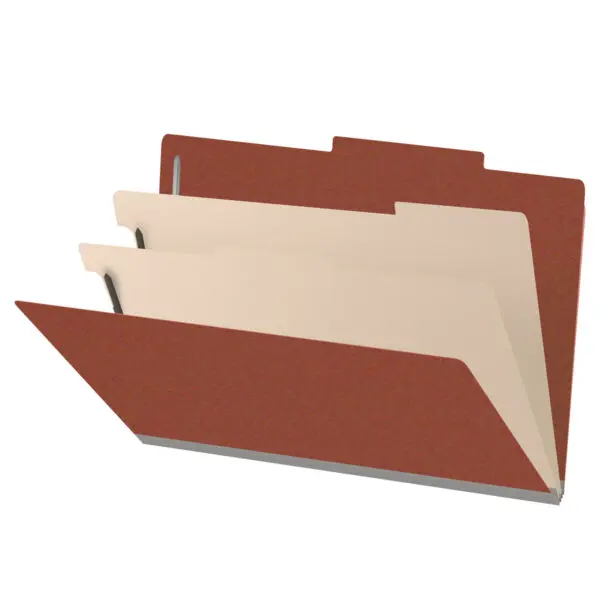 Red Legal Size Top Tab Two Divider Classification Folder with 2" Russet Brown Tyvek Expansion and 2" Bonded Fasteners on Inside Front and Back and 1" Duo Fastener on Dividers, 25 pt Type 3 Pressboard Stock Covers and 18 pt Manila Dividers, Packaged 10/50