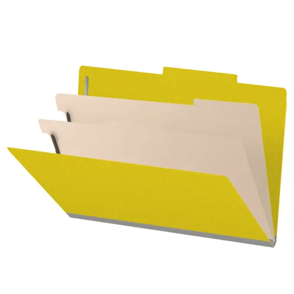 Yellow Legal Size Top Tab Two Divider Classification Folder with 2" Lemon Yellow Tyvek Expansion and 2" Bonded Fasteners on Inside Front and Back and 1" Duo Fastener on Dividers, 25 pt Type 3 Pressboard Stock Covers and 18 pt Manila Dividers, Packaged 10/50