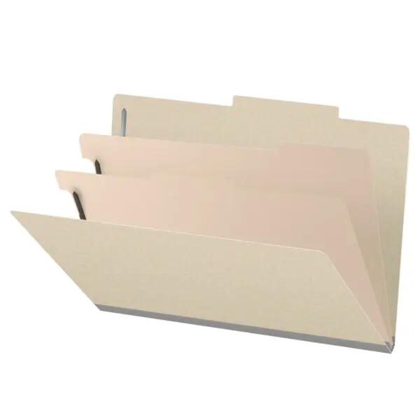 Manila Legal Size Top Tab Two Divider Classification Folder with 2" Gray Tyvek Expansion and 2" Bonded Fasteners on Inside Front and Back and 1" Duo Fastener on Dividers, 18 pt Manila Stock, Packaged 10/50