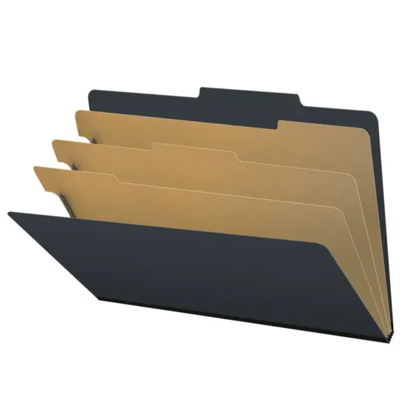 Black Legal Size Top Tab Three Divider Classification Folder with 3" Gray Tyvek Expansion and 2" Bonded Fasteners on Inside Front and Back and 1" Duo Fastener on Dividers, 25 pt Type 3 Pressboard Stock Covers and 18 pt Manila Dividers, Packaged 10/50