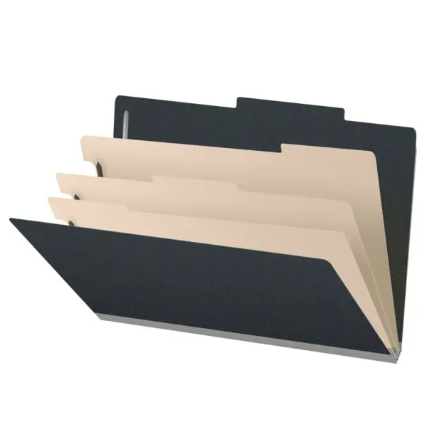 Black Legal Size Top Tab Three Divider Classification Folder with 3" Gray Tyvek Expansion and 2" Bonded Fasteners on Inside Front and Back and 1" Duo Fastener on Dividers, 25 pt Type 3 Pressboard Stock Covers and 18 pt Manila Dividers, Packaged 10/50