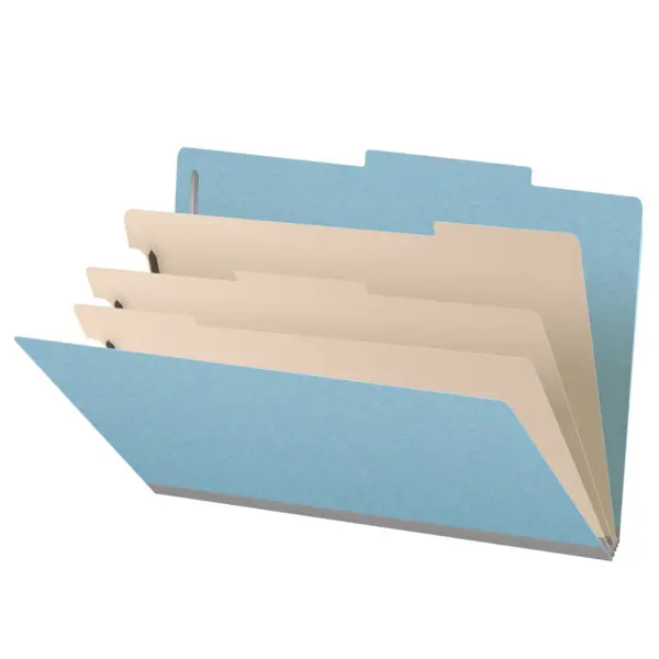 Blue Legal Size Top Tab Three Divider Classification Folder with 3" Gray Tyvek Expansion and 2" Bonded Fasteners on Inside Front and Back and 1" Duo Fastener on Dividers, 25 pt Type 3 Pressboard Stock Covers and 18 pt Manila Dividers, Packaged 10/50