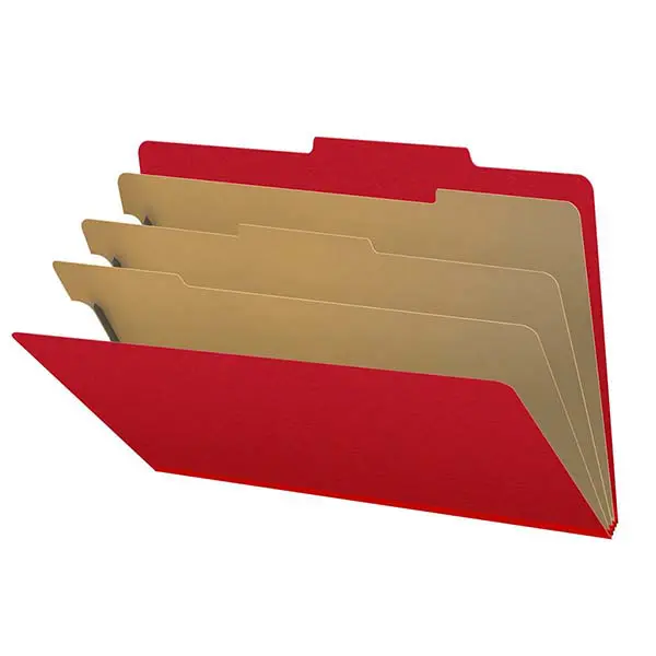 Deep Red Legal Size Top Tab Three Divider Classification Folder with 3" Gray Tyvek Expansion and 2" Bonded Fasteners on Inside Front and Back and 1" Duo Fastener on Dividers, 25 pt Type 3 Pressboard Stock Covers and 18 pt Manila Dividers, Packaged 10/50