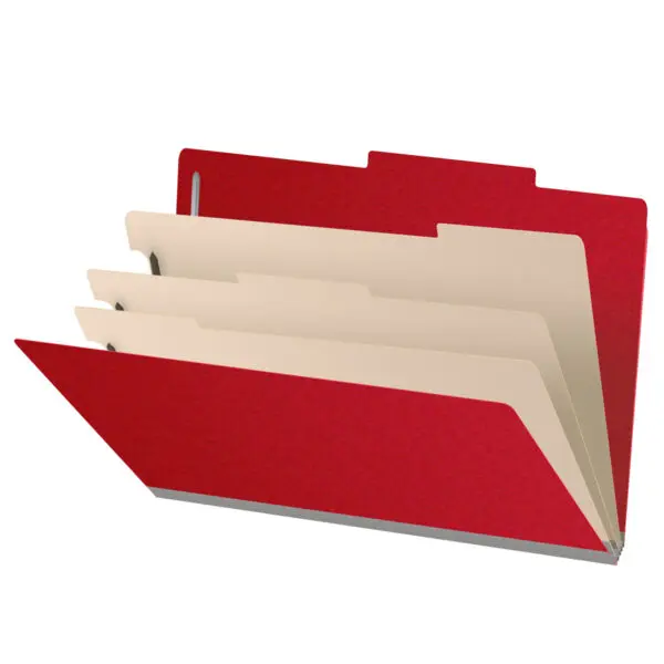 Deep Red Legal Size Top Tab Three Divider Classification Folder with 3" Gray Tyvek Expansion and 2" Bonded Fasteners on Inside Front and Back and 1" Duo Fastener on Dividers, 25 pt Type 3 Pressboard Stock Covers and 18 pt Manila Dividers, Packaged 10/50