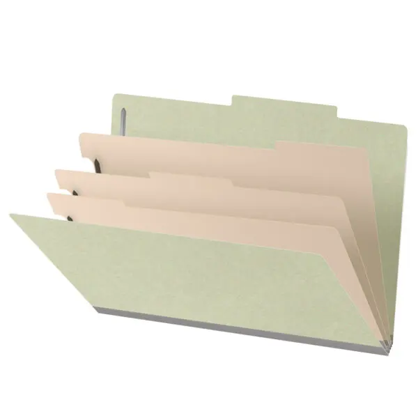 Green Legal Size Top Tab Three Divider Classification Folder with 3" Pearl Green Tyvek Expansion and 2" Bonded Fasteners on Inside Front and Back and 1" Duo Fastener on Dividers, 25 pt Type 3 Pressboard Stock Covers and 18 pt Manila Dividers, Packaged 10/50