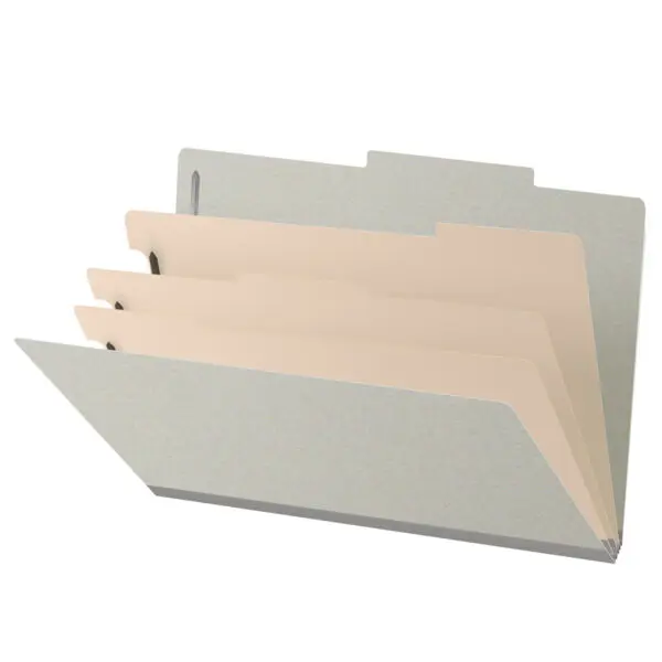 Grey Legal Size Top Tab Three Divider Classification Folder with 3" Gray Tyvek Expansion and 2" Bonded Fasteners on Inside Front and Back and 1" Duo Fastener on Dividers, 25 pt Type 3 Pressboard Stock Covers and 18 pt Manila Dividers, Packaged 10/50