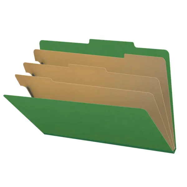 Moss Green Legal Size Top Tab Three Divider Classification Folder with 3" Spring Green Tyvek Expansion and 2" Bonded Fasteners on Inside Front and Back and 1" Duo Fastener on Dividers, 25 pt Type 3 Pressboard Stock Covers and 18 pt Manila Dividers, Packaged 10/50