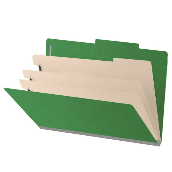 Moss Green Legal Size Top Tab Three Divider Classification Folder with 3" Spring Green Tyvek Expansion and 2" Bonded Fasteners on Inside Front and Back and 1" Duo Fastener on Dividers, 25 pt Type 3 Pressboard Stock Covers and 18 pt Manila Dividers, Packaged 10/50