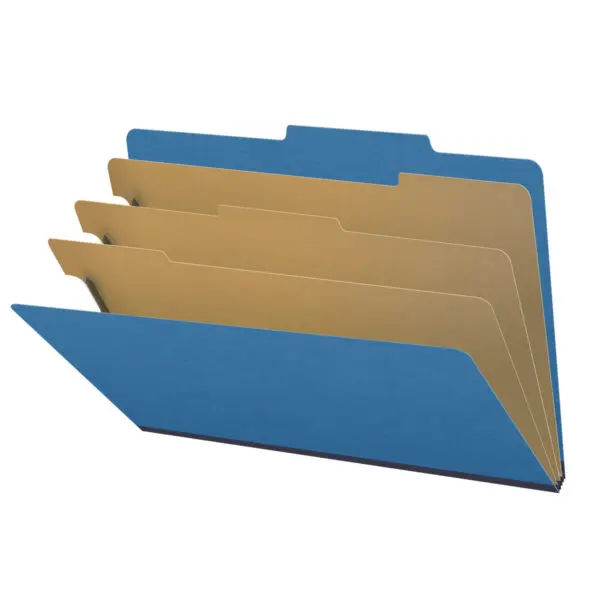 Royal Blue Legal Size Top Tab Three Divider Classification Folder with 3" Dark Blue Tyvek Expansion and 2" Bonded Fasteners on Inside Front and Back and 1" Duo Fastener on Dividers, 25 pt Type 3 Pressboard Stock Covers and 18 pt Manila Dividers, Packaged 10/50