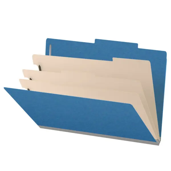 Royal Blue Legal Size Top Tab Three Divider Classification Folder with 3" Dark Blue Tyvek Expansion and 2" Bonded Fasteners on Inside Front and Back and 1" Duo Fastener on Dividers, 25 pt Type 3 Pressboard Stock Covers and 18 pt Manila Dividers, Packaged 10/50
