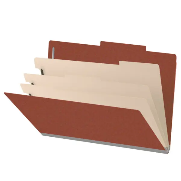 Red Legal Size Top Tab Three Divider Classification Folder with 3" Russet Brown Tyvek Expansion and 2" Bonded Fasteners on Inside Front and Back and 1" Duo Fastener on Dividers, 25 pt Type 3 Pressboard Stock Covers and 18 pt Manila Dividers, Packaged 10/50