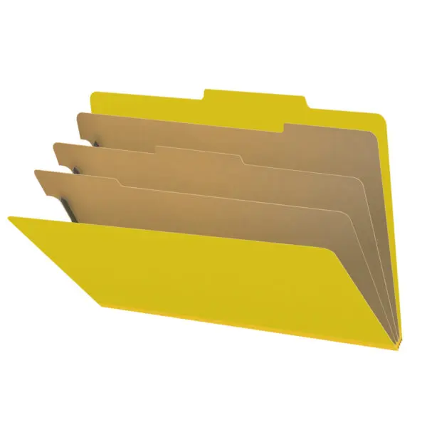 Yellow Legal Size Top Tab Three Divider Classification Folder with 3" Lemon Yellow Tyvek Expansion and 2" Bonded Fasteners on Inside Front and Back and 1" Duo Fastener on Dividers, 25 pt Type 3 Pressboard Stock Covers and 18 pt Manila Dividers, Packaged 10/50