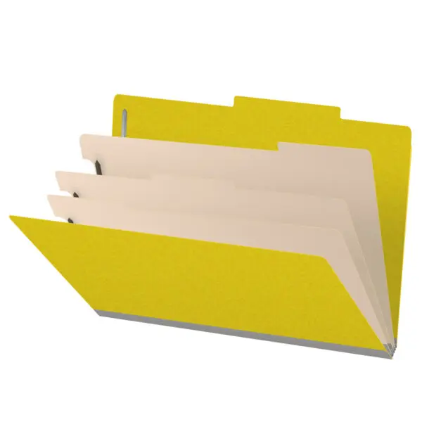 Yellow Legal Size Top Tab Three Divider Classification Folder with 3" Lemon Yellow Tyvek Expansion and 2" Bonded Fasteners on Inside Front and Back and 1" Duo Fastener on Dividers, 25 pt Type 3 Pressboard Stock Covers and 18 pt Manila Dividers, Packaged 10/50