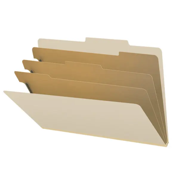 Manila Legal Size Top Tab Three Divider Classification Folder with 3" Gray Tyvek Expansion and 2" Bonded Fasteners on Inside Front and Back and 1" Duo Fastener on Dividers, 18 pt Manila Stock, Packaged 10/50