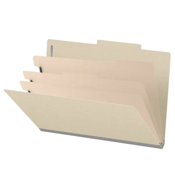 Manila Legal Size Top Tab Three Divider Classification Folder with 3" Gray Tyvek Expansion and 2" Bonded Fasteners on Inside Front and Back and 1" Duo Fastener on Dividers, 18 pt Manila Stock, Packaged 10/50