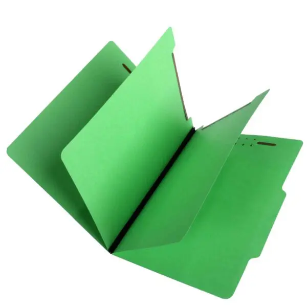 Green Letter Size Top Tab Two Divider Economy Folder with 2" Embedded Fasteners on Inside Front and Back, 1" Duo Prong Fastener on Each Divider and 1" Moss Green Tyvek Expansion, 14 pt Green Stock, Packaged 25/125