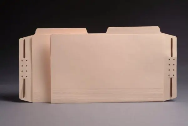 Manila Legal Size Top Tab Casebinder Style Folder with Fully Reinfoced Back, 2" Embedded Fastener on Endwing and 1/2 Cut Assorted Top Tabs, 14 pt Manila Stock, Packaged 50/200
