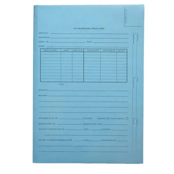 Blue Legal Size Top Tab Patent & Trademark Folder Printed for U.S. TRADEMARK APPLICATION, with 3 Top Flaps Punched with Holes and Bottom Apron on Middle Panel, 14 pt Pale Blue Stock, Packaged 25/125