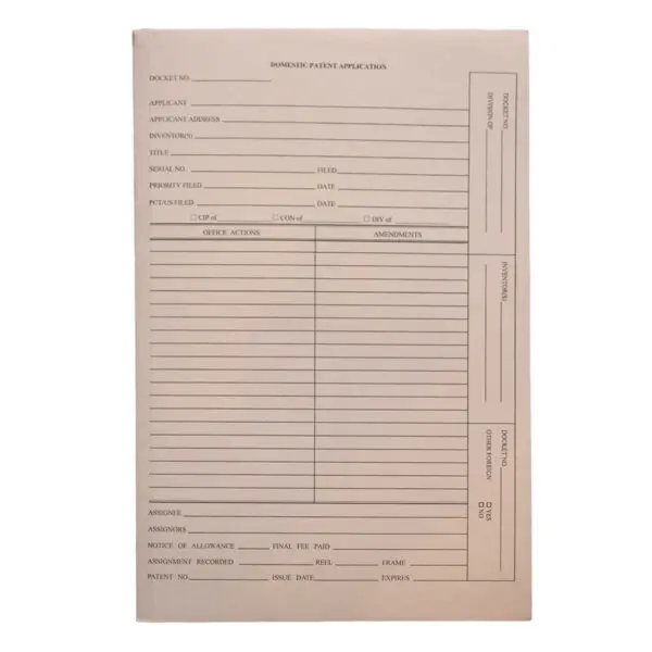 Manila Legal Size Top Tab Patent & Trademark Folder Printed for DOMESTIC PATENT APPLICATION, with 3 Top Flaps Punched with Holes and Bottom Apron on Middle Panel, 14 pt Manila Stock, Packaged 25/125