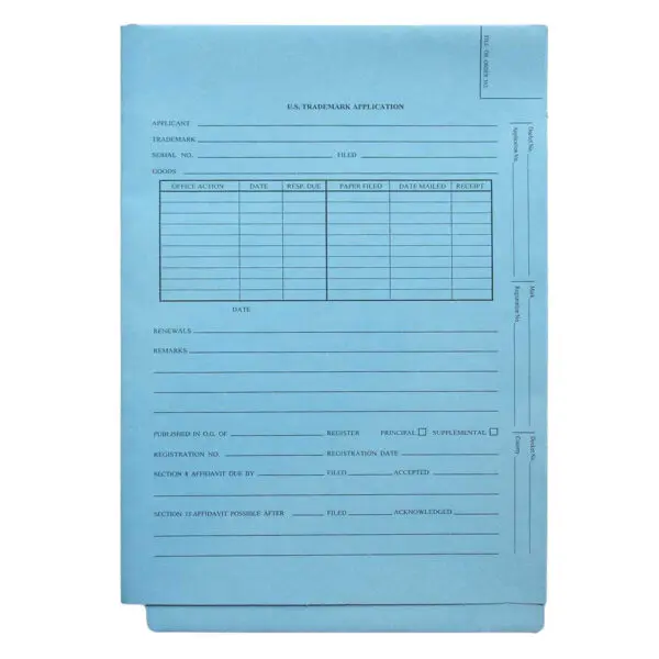 Blue Legal Size Reinforced End Tab Patent & Trademark Folder Printed for U.S. TRADEMARK APPLICATION, with 3 Top Flaps Punched with Holes and Bottom Apron on Middle Panel, 14 pt Pale Blue Stock, Packaged 25/125