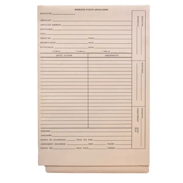 Manila Legal Size Reinforced End Tab Patent & Trademark Folder Printed for DOMESTIC PATENT APPLICATION, with 3 Top Flaps Punched with Holes and Bottom Apron on Middle Panel, 14 pt Manila Stock, Packaged 25/125