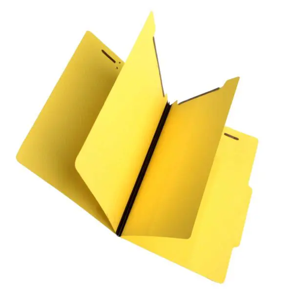 Yellow Letter Size Top Tab Two Divider Economy Folder with 2" Embedded Fasteners on Inside Front and Back, 1" Duo Prong Fastener on Each Divider and 1" New Brown Tyvek Expansion, 14 pt Yellow Stock, Packaged 25/125