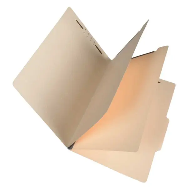 Manila Legal Size Top Tab Two Divider Economy Folder with 2" Embedded Fasteners on Inside Front and Back, 1" Duo Prong Fastener on Each Divider and 1" Gray Tyvek Expansion, 14 pt Manila Stock, Packaged 25/125