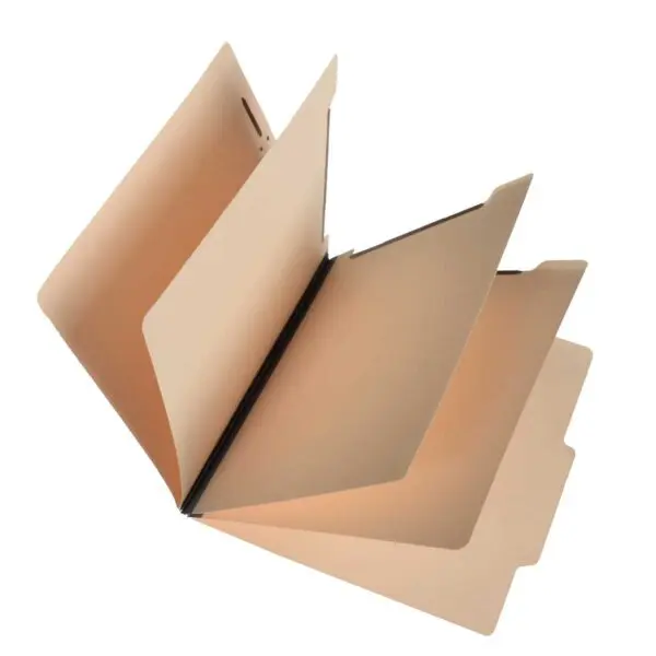 Manila Letter Size Top Tab Three Divider Economy Folder with 2" Embedded Fasteners on Inside Front and Back, 1" Duo Prong Fastener on Each Divider and 1.5" Gray Tyvek Expansion, 14 pt Manila Stock, Packaged 15/75
